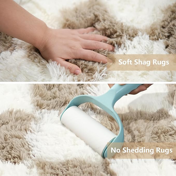 4x6 Checkered Area Rugs for Bedroom, Fluffy Beige and White Checkered Rug Fuzzy Shag Shaggy Carpets for Living Room, Soft Plush Furry Rug for Boy Girls Room Dorm Home Decor