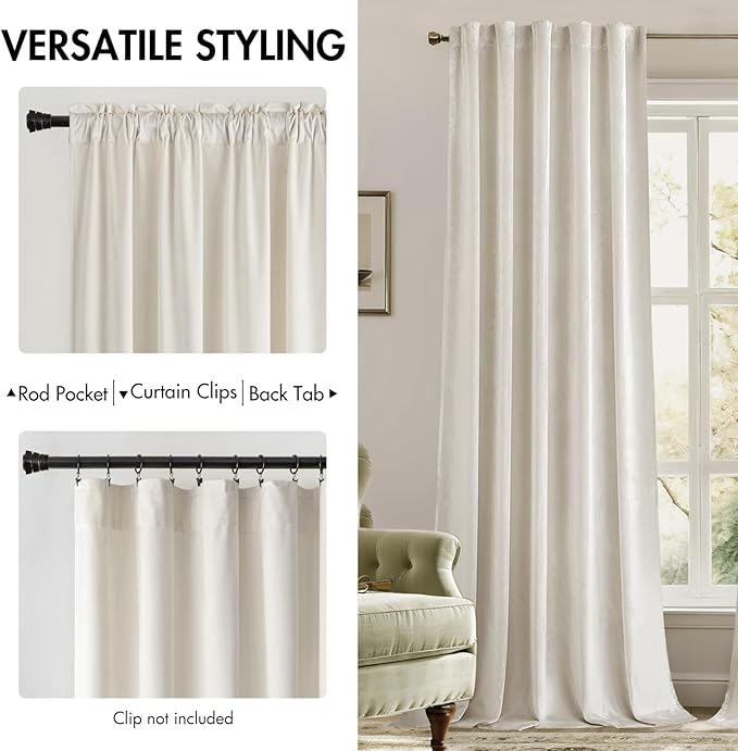 MIULEE Velvet Curtains 108 inches - Luxury Curtains for Bedroom Living Room Thermal Insulated Super Soft Room Darkening Window Drapes Rod Pocket & Back Tab, Ivory, W52 x L108 inches, 2 Panels
