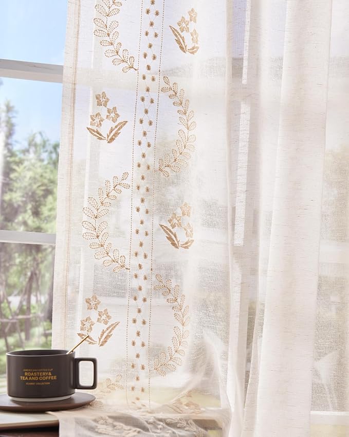 jinchan Belrose Linen Sheer Curtains for Living Room 96 Inch Length Sheer Voile Embroidered Floral Curtains for Bedroom Light Filtering Rod Pocket Window Treatments Farmhouse Decor 2 Panels Beige