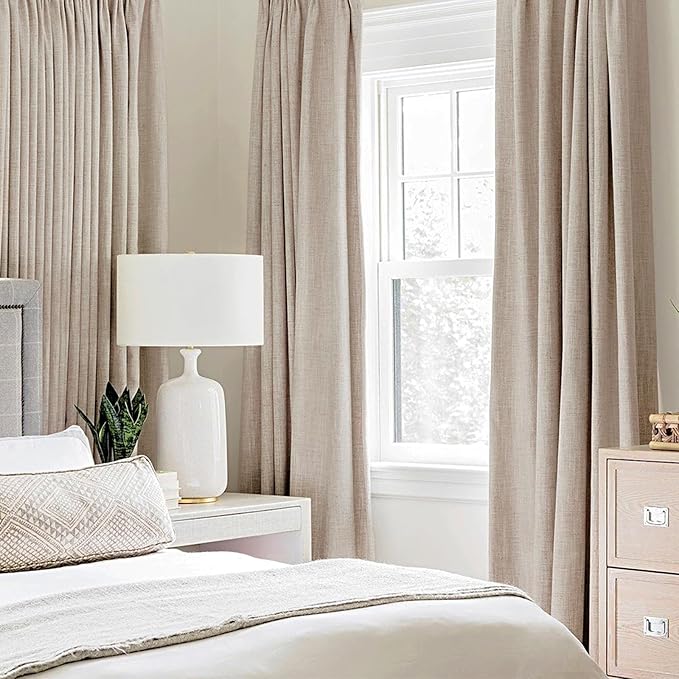 MIULEE 100% Blackout Linen Textured Curtains for Bedroom Solid Thermal Insulated Natural Beige Grommet Room Darkening Curtains & Drapes Luxury Decor for Living Room Nursery 62 x 90 Inch (2 Panels)
