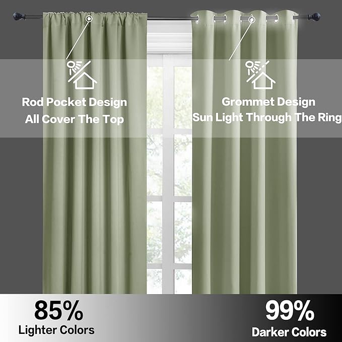 RYB HOME Blackout Curtains for Bedroom Living Room 63 inches Long, Thermal Insulated Privacy Rod Pocket Drapes for Nursery Office Home Theater, Width 42 by Length 63, Sage Green, 2 Panels