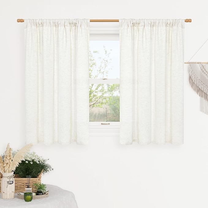 LAMIT Natural Ivory Linen Curtains for Windows 2 Panels Set, 48 Inch Faux Linen Textured Light Filtering Drapes Soft Rod Pocket Boho Privacy Panels for Farmhouse/Loft, 42 x 48 Inch