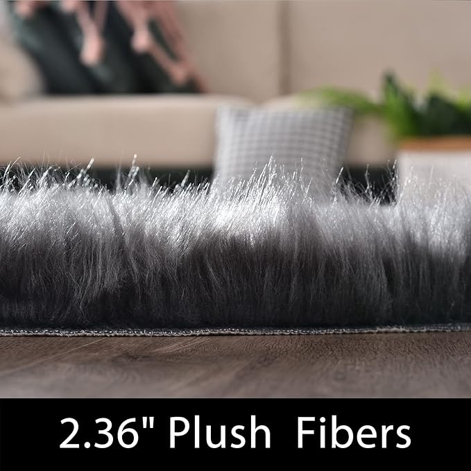 Latepis Round Area Rugs Dark Gray 6.7ft Faux Sheepskin Fur Circle Rug for Living Room Bedroom Fluffy Shaggy Furry Rug Room Decor
