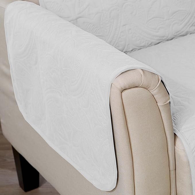Great Bay Home Reversible Sofa Cover - Washable Slipcover Furniture Protector with Elastic Straps - Perfect for Kids & Pets - Quilted & Stitched Detail (White/Sand)