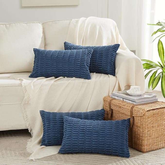 Fancy Homi 4 Packs Dusty Blue Decorative Throw Pillow Covers 12x20 Inch for Living Room Couch Bed Sofa, Rustic Farmhouse Boho Home Decor, Soft Plush Striped Corduroy Square Cushion Case 30x50 cm