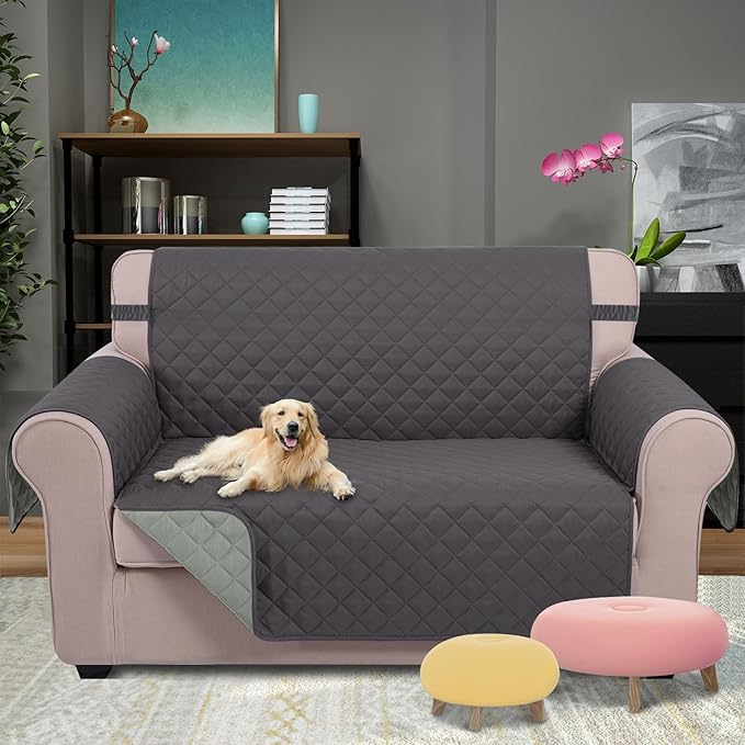 U-NICE HOME Loveseat Sofa Cover Reversible Couch Covers for 2 Cushion Couch for Dogs Furniture Protector Cover with Elastic Straps Water Resistant(Loveseat Small, Dark Grey/Light Grey)