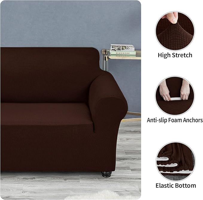 Joccun Stretch Loveseat Couch Cover Slipcover, 1-Piece Sofa Cover for 2 Cushion Couch Spandex Jacquard Washable Furniture Protector Cover for Living Room,Kids,Pets（Loveseat,Chocolate）