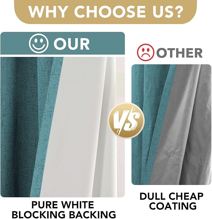 H.VERSAILTEX Primitive Linen Curtains 100% Blackout Curtain Drapes Burlap Fabric Curtains with White Thermal Insulated Liner, Grommet Top Drapes Living Room/Bedroom (2 Panels, 42 x 63 Inch, Teal)