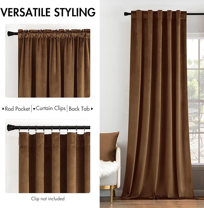 MIULEE Velvet Curtains 90 inches - Luxury Blackout Curtains for Bedroom Living Room Thermal Insulated Super Soft Window Drapes Rod Pocket & Back Tab, Brown, W52 x L90 inches, 2 Panels