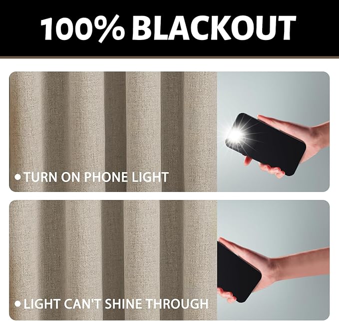Yakamok Natural Linen Curtains 100% Blackout 90 Inches Long,Room Darkening Textured Curtains for Living Room Thermal Grommet Bedroom Curtains 2 Panels with Greyish White Liner