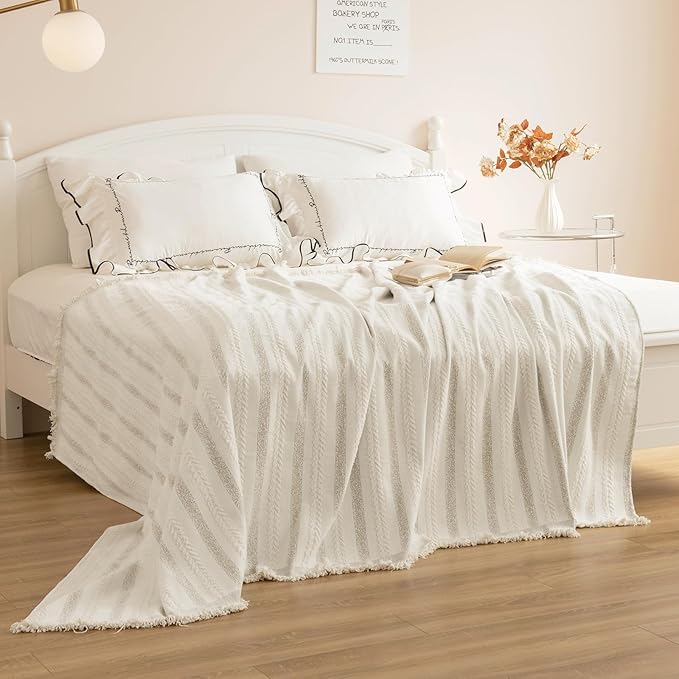 Boho Sofa Covers for 3 Cushion Couch, Chenille Sofa Slipcover for Pets Washable, L-Shape Sectional Loveseat Cover Soft Throw Blankets with Tassels(71x134,Striped Beige)