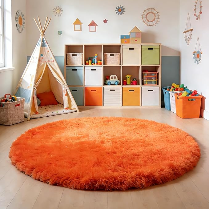 Orange Fluffy Round Rug,Soft Area Rugs for Girls Room,Shaggy Rugs 4'X4' for Living Room,Non Slip Circle Rug for Kids Bedroom,Shag Plush Nursery Carpets,Fuzzy Plush Rug for Dorm,Cute Room Decor Carpet
