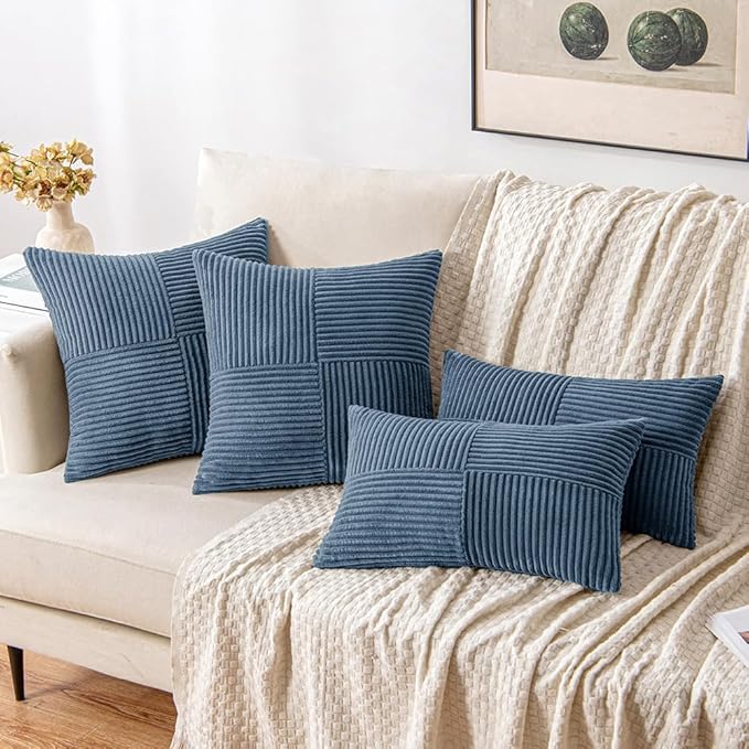 MIULEE Blue Decorative Throw Pillow Covers 20x20 Inch for Couch Bed Sofa Pack of 2 Boho Farmhouse Throw Pillows Soft Cross Corduroy Patchwork Textured Cushion Cases