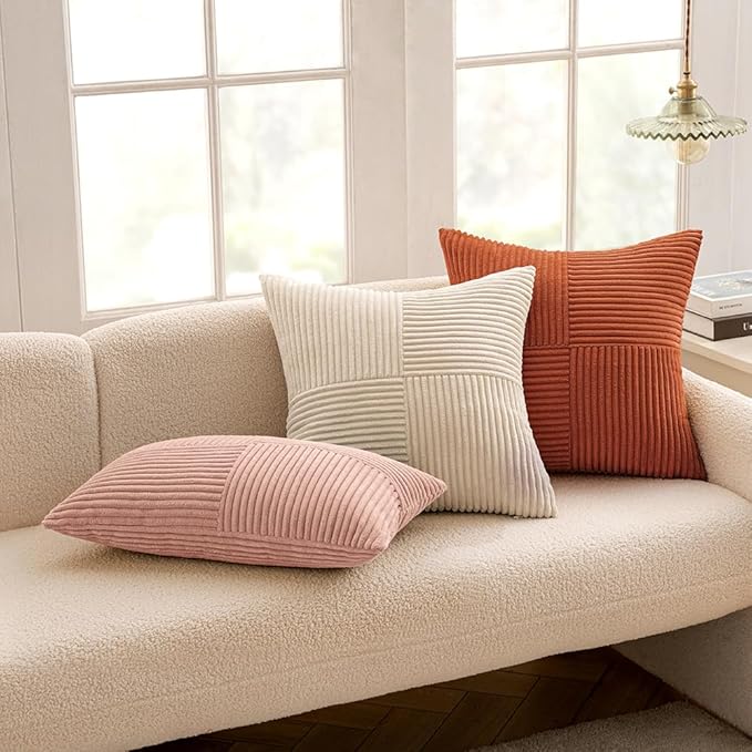 MIULEE Pink Decorative Throw Pillow Covers 20x20 Inch for Couch Bed Sofa Valentines Day Pack of 2 Boho Farmhouse Throw Pillows Soft Cross Corduroy Patchwork Textured Cushion Cases