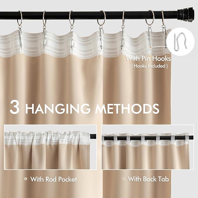 MIULEE Beige Back Tab Blackout Curtains 54 Inches Long 2 Panels Set for Living Room Bedroom Privacy, Rod Pocket/Pinch Pleat Thermal Insulated Room Darkening Pleated Light Blocking Drapes
