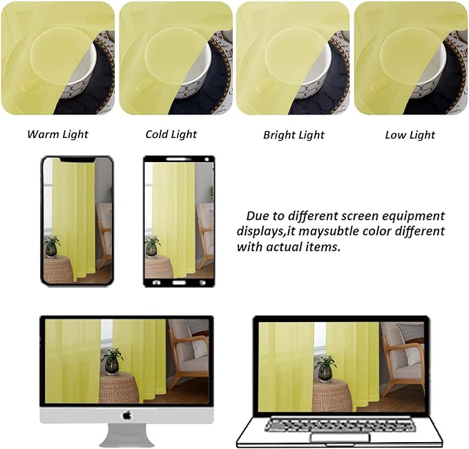 Chyhomenyc Sheer Lemon Curtains 90 inches Long 2 Panels, Light Filtering Soft Airy Solid Elegant Voile Window Treatment Drapes for Bedroom Living Room, 42Wx90L Inches