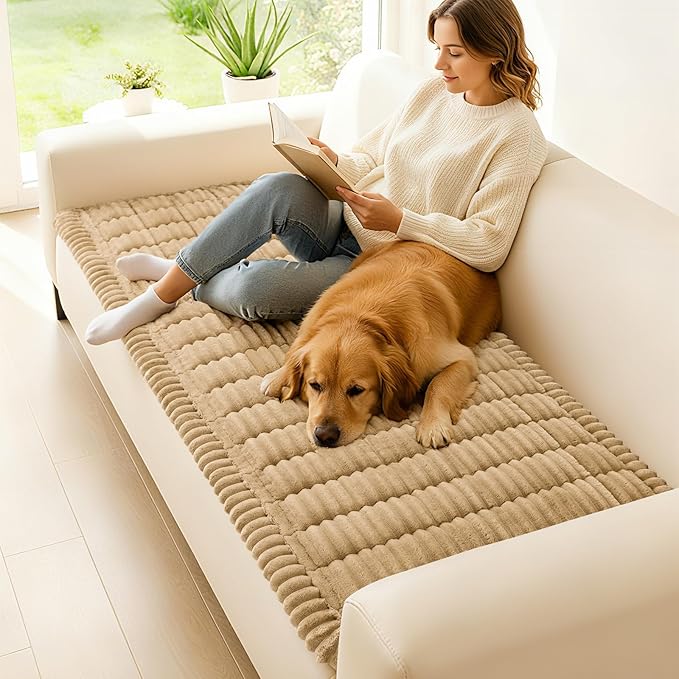hyha Couch Covers for Dogs Washable, Non Slip Plush Dog Sofa Protectors, Fuzzy Pet Couch Covers for 3 Cushion Sofa Pet Friendly (Camel, 27.6" x 88")