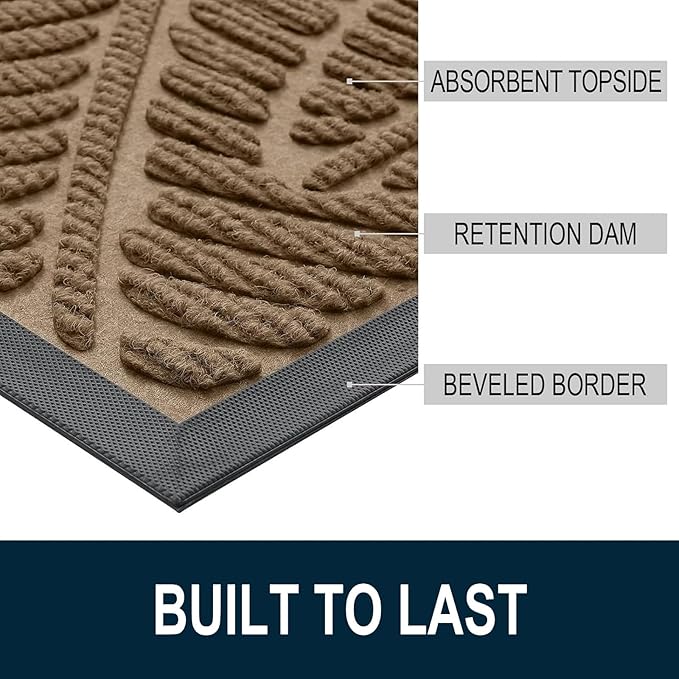 Colorxy Waterproof Doormat, Sturdy Natural Rubber Front Indoor Mat, Non Slip Low Profile Outdoor Door Mat, Stain and Fade Resistant Floor Mats, Easy Clean Patio Entry Mat, 48''x32'', Light Brown