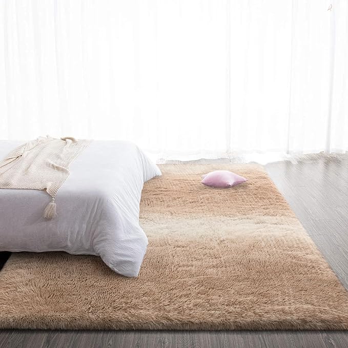 TWINNIS Super Soft Shaggy Rugs Fluffy Carpets, 8x10 Feet, Indoor Modern Plush Area Rugs for Living Room Bedroom Kids Room Nursery Home Decor, Upgrade Anti-Skid Rectangular Fuzzy Rug, Tan White