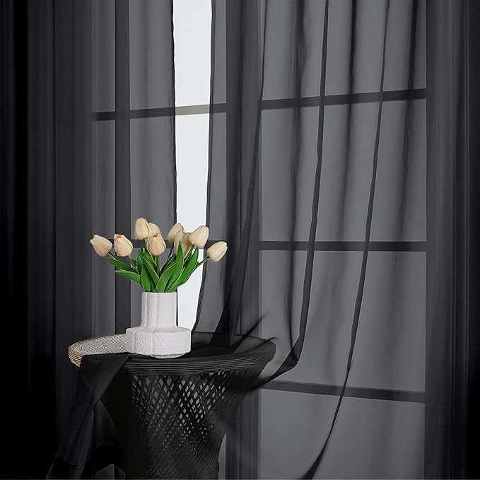 OWENIE Black Sheer Curtain 90 Inches Long 2 Panels Set, Solid Filmy Drapes for Living Room Bedroom, Elegant Window Voile Sheer Curtain Panels Drapes, 2 Pcs, Each 59W x 90L Inch