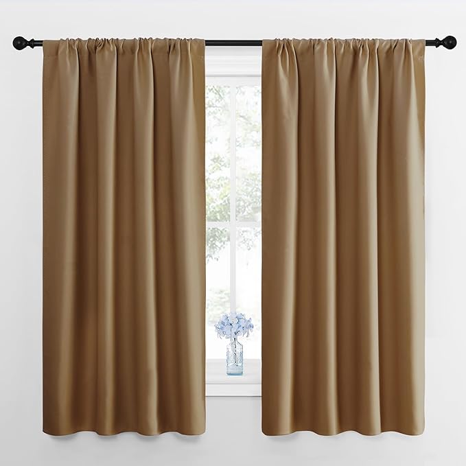NICETOWN Kitchen Curtains, Short Blackout Drapes, Gold Brown, 34 in x 45 in (W x L), Set of 2, Thermal Insulated Rod Pocket Window Treatment Draperies for Nursery