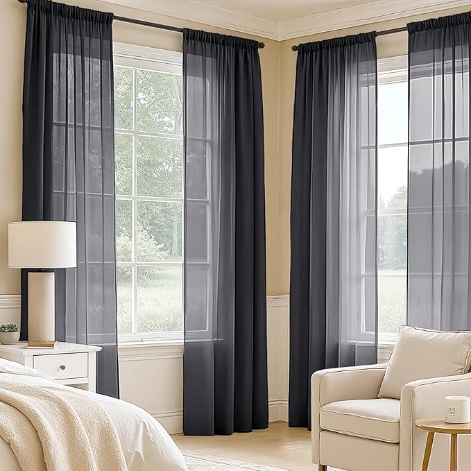 MIULEE Black Sheer Curtains 84 Inches Long, 4 Panels Set, Light Filtering Halloween Rod Pocket Voile Drapes for Living Room and Bedroom, Airy Soft Fabric Window Treatments, 54 x 84 Inches