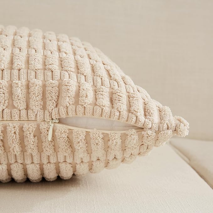 Fancy Homi 4 Packs Tan Decorative Throw Pillow Covers 18x18 Inch for Living Room Couch Bed Sofa, Beige Rustic Farmhouse Boho Home Decor, Soft Plush Striped Corduroy Square Cushion Case 45x45 cm