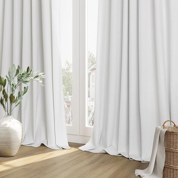 Guken White 100% Blackout Linen Curtains 100 Inch Wide by 90 Inch for Living Room Bedroom Back Tab Thermal Insulated Black Out 1 Drapes Room Darkening Window Curtains,1 Panel