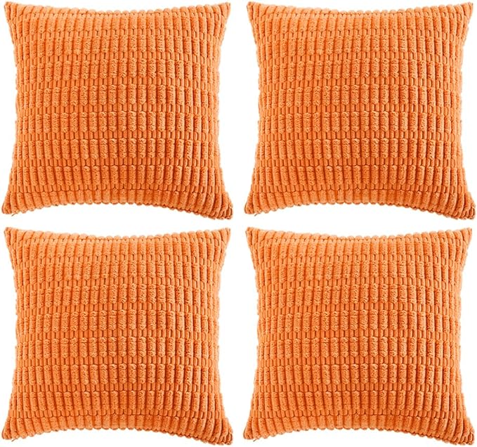 Fancy Homi 4 Packs Orange Fall Decorative Throw Pillow Covers 16x16 Inch for Couch Living Room Bed Sofa, Halloween Pumpkin Autumn Home Decor, Soft Cute Plush Corduroy Striped Cushion Case 40x40 CM