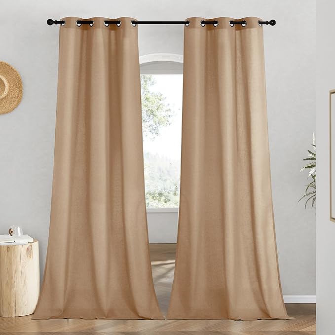 NICETOWN Linen Curtains for Windows 90 inch Long, Grommet Semi Sheer Vertical Drapes Privacy Added with Light Filtering for Doorway/Living Room, Camel, W42 x L90, 2 Pieces
