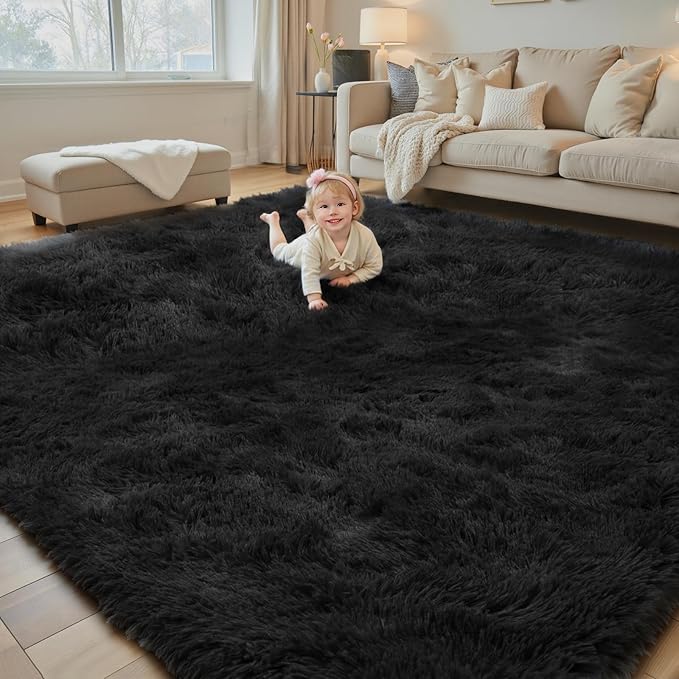 Area Rugs 10x14 Living Room, Shaggy Carpet Soft Plush Furry Bedside Rug Large Area Rugs for Bedroom Kids Girls Boys Home Decor Anti Slip(10 x 14, Black)