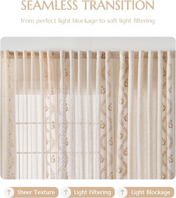 jinchan Belrose Linen Sheer Curtains for Living Room 96 Inch Length Sheer Voile Embroidered Floral Curtains for Bedroom Light Filtering Rod Pocket Window Treatments Farmhouse Decor 2 Panels Beige
