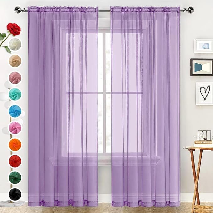 SpaceDresser Sheer Voile Window Treatment Rod Pocket Curtain Panels for Kitchen Bedroom Living Room Drapes Sunlight Filtering Privacy Semi Home Decor Assorted (Lavender, 52 W x 63 L)
