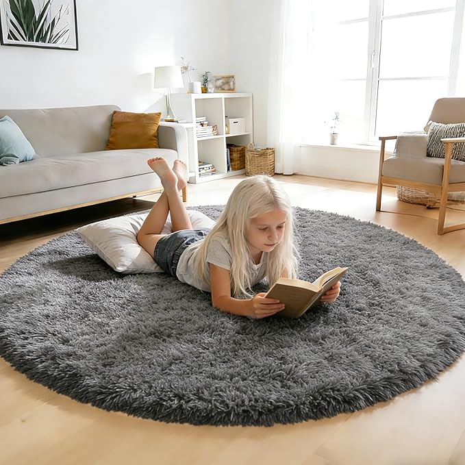 yulidayang Fluffy Round Area Rugs for Bedroom,5'X5'Shag Circle Area Rugs for Living Room,Non Slip Fuzzy Plush Rug for Kids Room Boys Girls Room and Dorm,Deep Grey