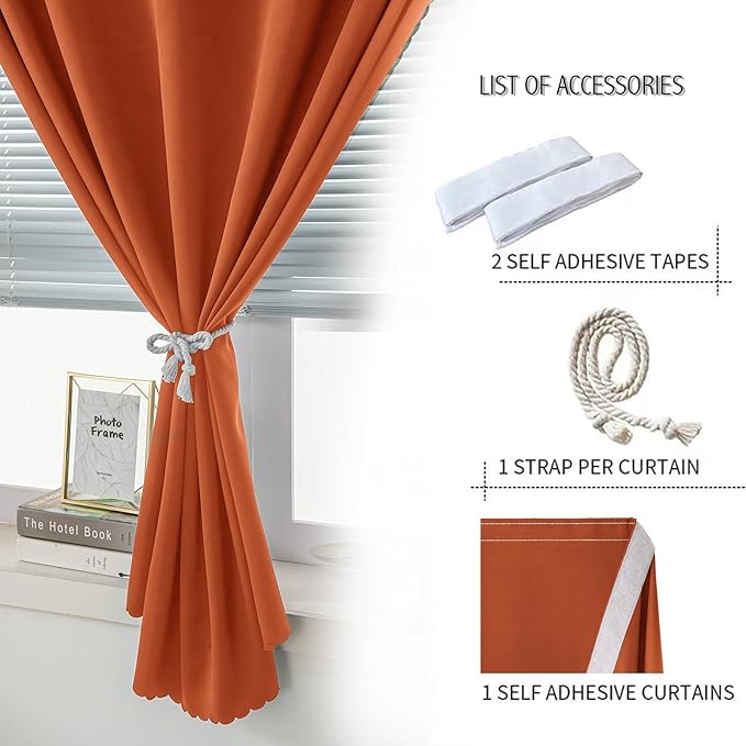 Self Adhesive Curtains Portable Blackout Curtain Simple and Easy to Install Bedroom Window Thermal Lnsulated Kitchen Room Darkening Black Small Drapes, 35" W X 79" L, Orange, 1 Panel