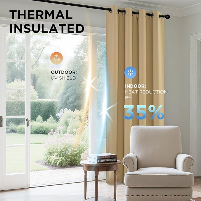 Joydeco Blackout Curtains 108 Inches Long 1 Panel, Thermal Insulated Long Curtains& Drapes 1 Piece, Room Darkening Grommet Drapes for Living Room Bedroom Window (W70 x L108 Inch, Beige)