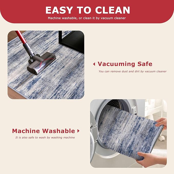 KOZYFLY Modern Abstract Washable Rug Runner 2x6 Runners for Hallways Non-Slip Soft Kitchen Runner Rugs, Print Grey-Blue Striped Carpet Runner for Entryway Bathroom Laundry Room Foyer