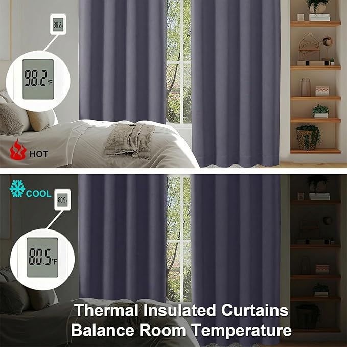 Simplebrand Greyish Purple Blackout Curtains for Bedroom 96 Inches Long 2 Panels, Solid Thermal Insulated, Energy Saving Living Room Window Treatment Curtains Blackout Drapes, W50 x L96 Inch