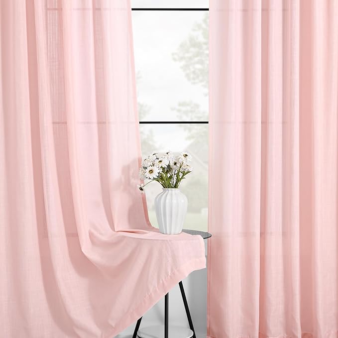 Pink Linen Curtains 84 Inch Length 2 Panels Set for Living Room Light Filtering Semi Sheer Curtains Cherry Blossom Pink Decor Modern Elegant Back Tap Drapes Nersury Bedroom 52ﾗ84 Inch