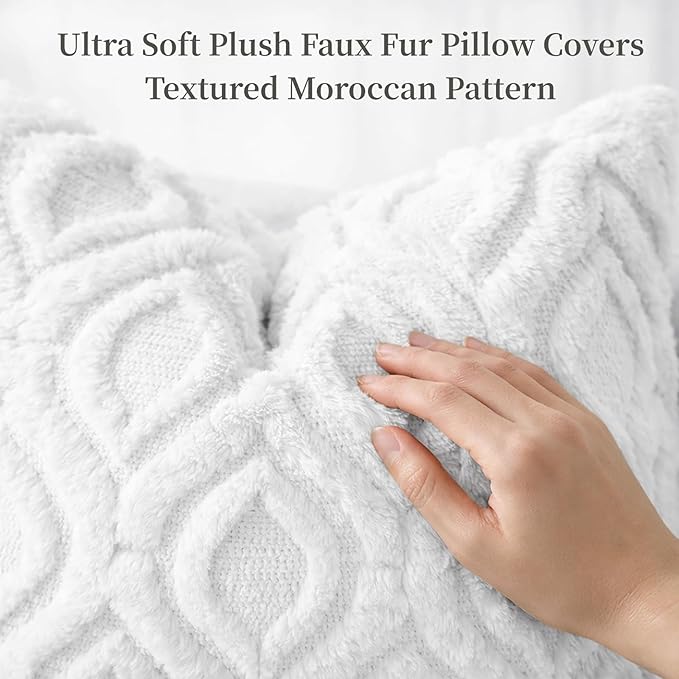 decorUhome Throw Pillow Covers 18x18 Inch Set of 2, Soft Plush Faux Wool White Solid Couch Pillow Covers, Accent Farmhouse Neutral Square Pillow Cases for Sofa Bed Living Room