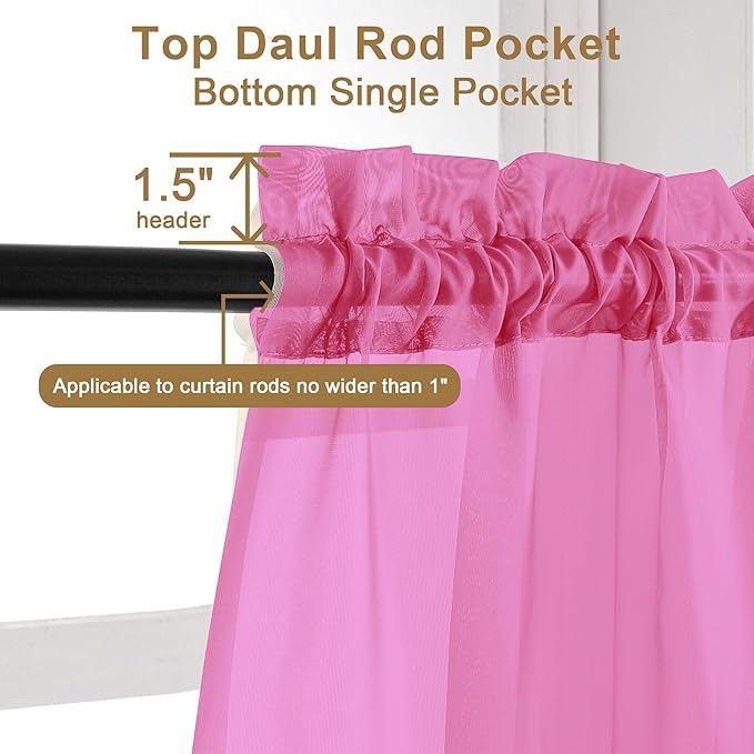 Chyhomenyc Sheer Curtains 54 Inch Long 2 Panels Set, Light Filtering Short Soft Airy Short Cafe Curtains, Modern Rod Pocket for Dinning Living Room Bedroom, Each 42Wx54L in, 2PCS, Hot Pink