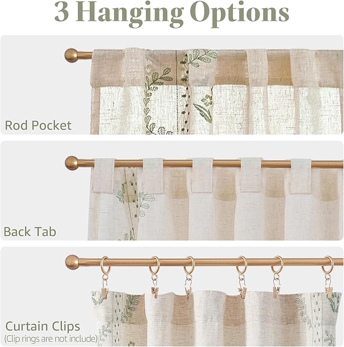 jinchan Belrose Linen Floral Cafe Curtains 54 Inch Length Embroidered Farmhouse Curtains for Kitchen Bedroom Bathroom Small Windows Curtain Set Light Filtering 2 Panels Sage Green
