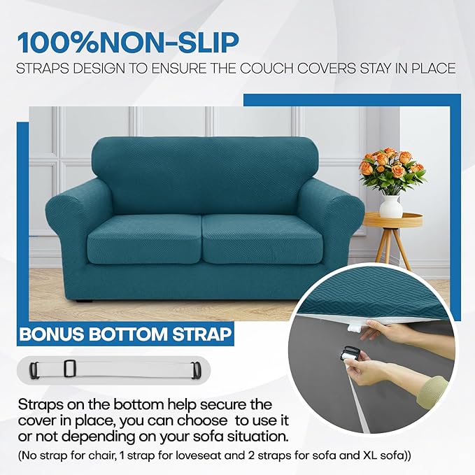 XINEAGE New 2 Pieces Chair Covers with Arms Super Stretch Chair Slipcover for Living Room Pet Dog Universal Slip Cover Anti Slip Armchair Furniture Protector (Peacock Blue), 31"-46"(1 Cushion)