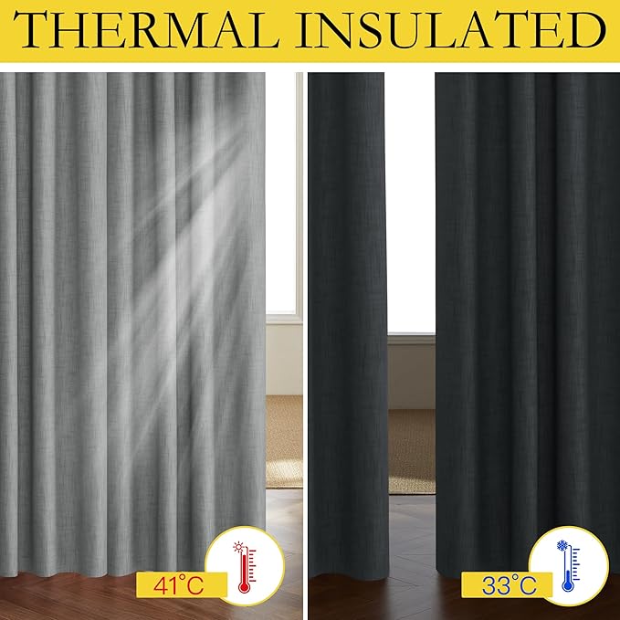 NICETOWN 100% Absolutely Blackout Linen Curtains with Thermal Insulated White Liner, Dove Grey, W52, 2 Pieces, Noise Reducing Textured Linen Look Curtains for Windows 95 inch Length for Classroom