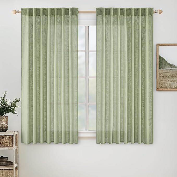 MIULEE Sage Green Short Linen Curtains 45 Inch Length 2 Panels for Kitchen Bedroom Bathroom, Soft Thick Linen Textured Basement Window Drapes Semi Sheer Light Filtering Back Tab Burlap Look Decor
