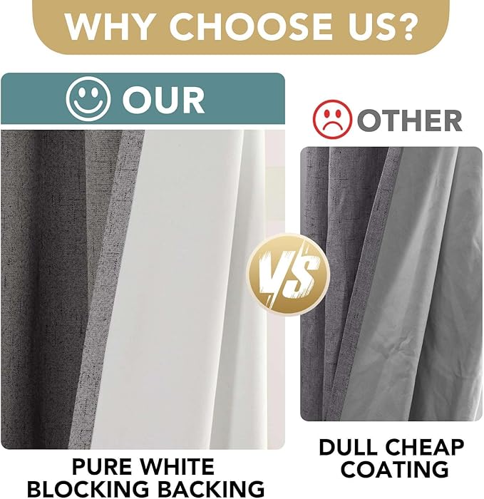 H.VERSAILTEX Linen Blackout Curtains 96 Inches Long 100% Absolutely Blackout Thermal Insulated Textured Linen Look Curtain Draperies Anti-Rust Grommet, Energy Saving with White Liner, 2 Panels, Grey