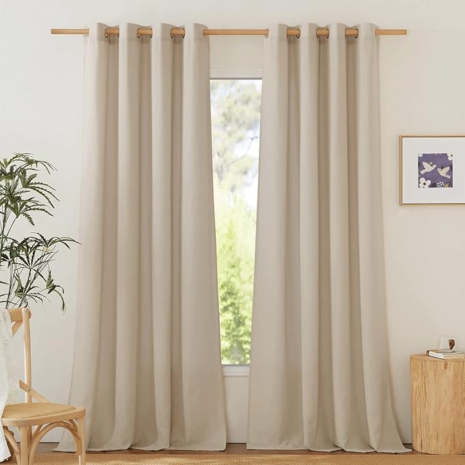 NICETOWN Linen Flax Semi Sheer Curtains 92" Length, Grommet Window Treatments Privacy Added with Light Penetration Vertical Drapes for Loft/Home Office, Angora, W55 x L92, 2 Panels