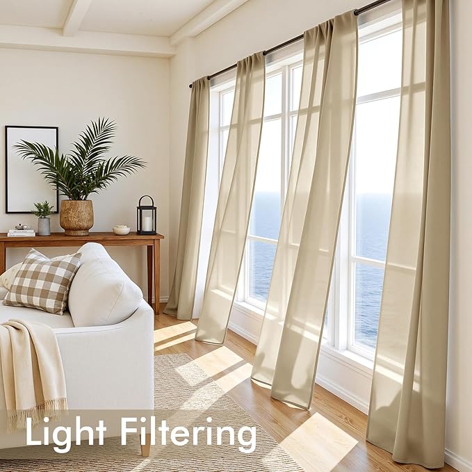 MIULEE Beige Sheer Curtains 90 Inches Long, 4 Panels Set, Rod Pocket Voile Drapes Light Filtering and Semi Transparent, Elegant Window Treatments for Bedroom Living Room,42 x 90 Inches