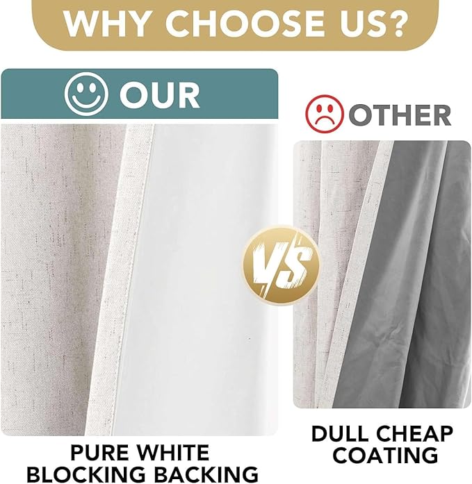 H.VERSAILTEX Linen Curtains 100% Blackout Curtains for Bedroom 90 inch Long Full Light Blocking Nature Linen Blended Window Curtains for Living Room Nickel Grommet (2 Panels, Ivory)