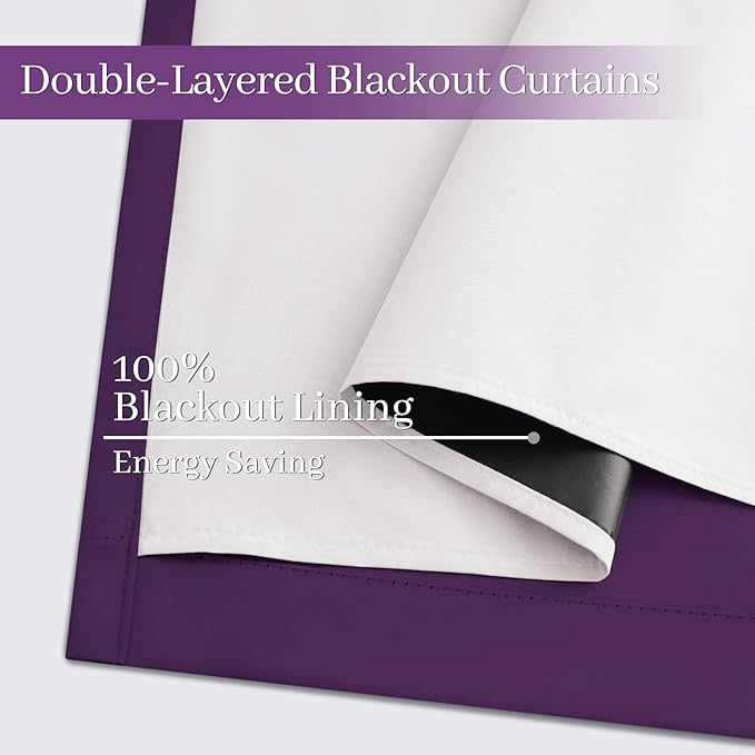Yakamok Room Darkening 100% Blackout Curtains Grommet Window Treatments with 2 Thick Layers-Purple Thermal Insulated Drapes Set of 2 Panels for Bedroom Living Room 52 Inches by 96 Inches Length